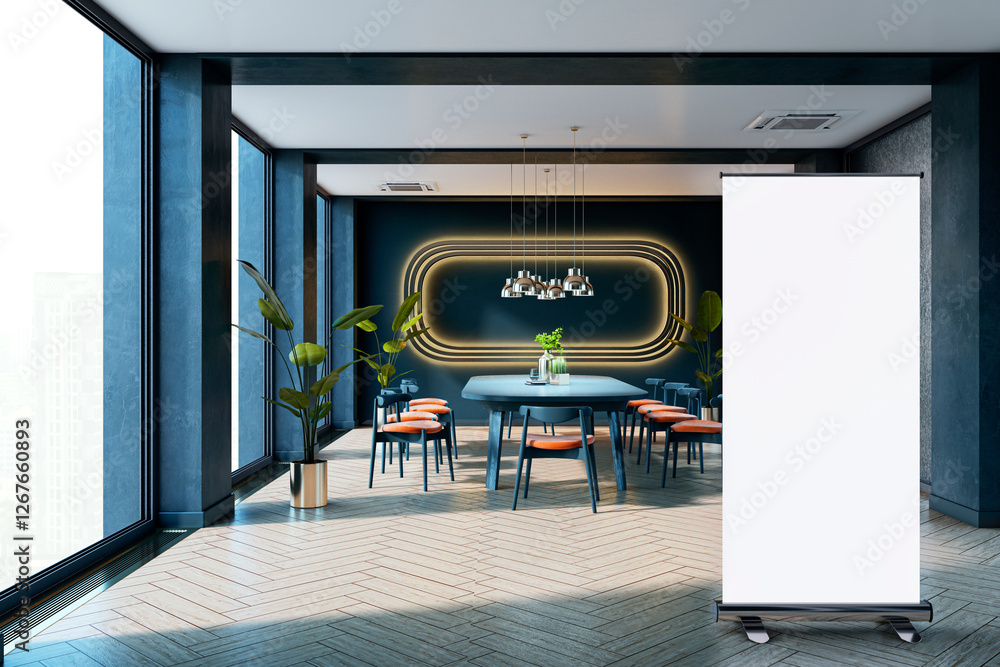Poster modern conference room with roll-up banner stand. 3d rendering