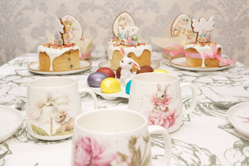 Traditional Easter dinner or brunch with cake.