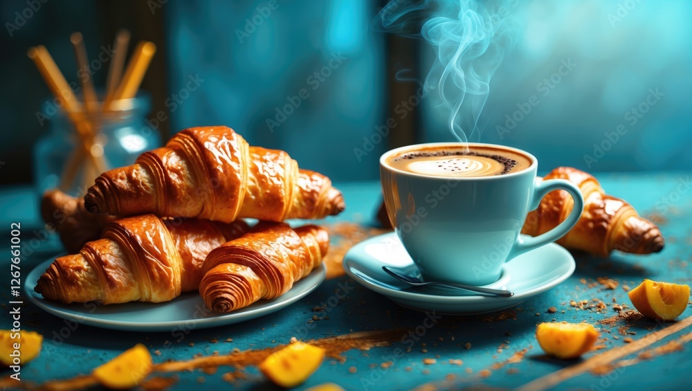 Poster Warm Coffee with Croissants on a Table Surrounded by Citrus Fruits and Empty Space for Text or Branding