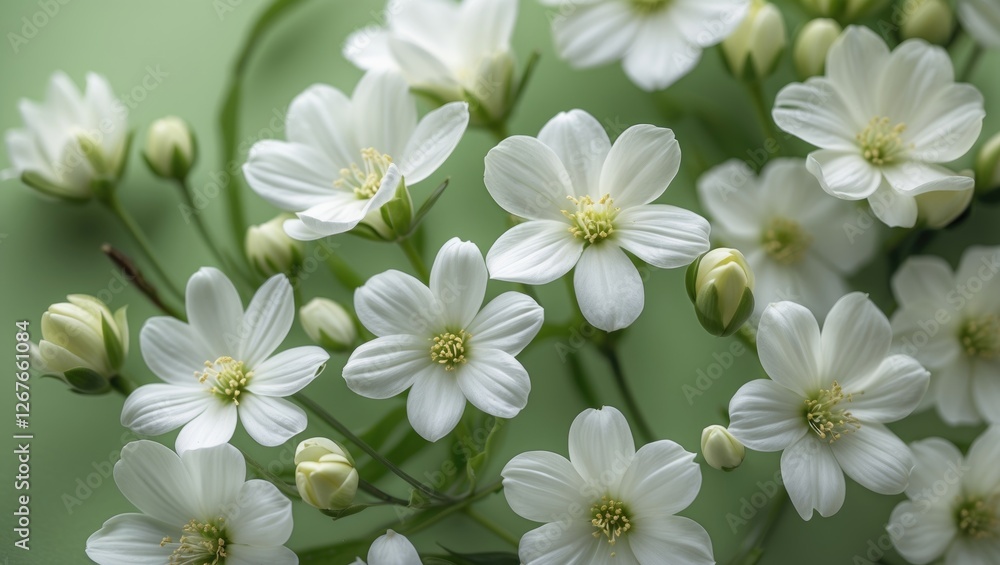 Poster delicate white flowers on soft green background with ample space for text or design elements, perfec