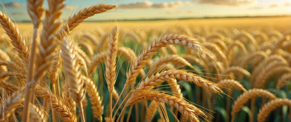 Aufkleber close up of golden wheat ears in a sunlit summer field with soft clouds and ample space for promotio