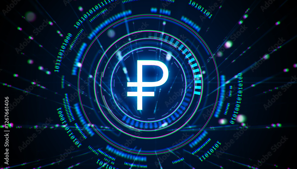 Poster glowing russian ruble symbol with futuristic digital elements on a dark blue background. financial t