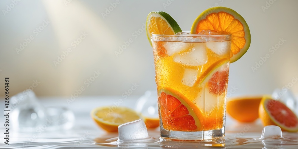 Poster citrus iced tea refreshing beverage with citrus slices and ice in a glass on a light background with