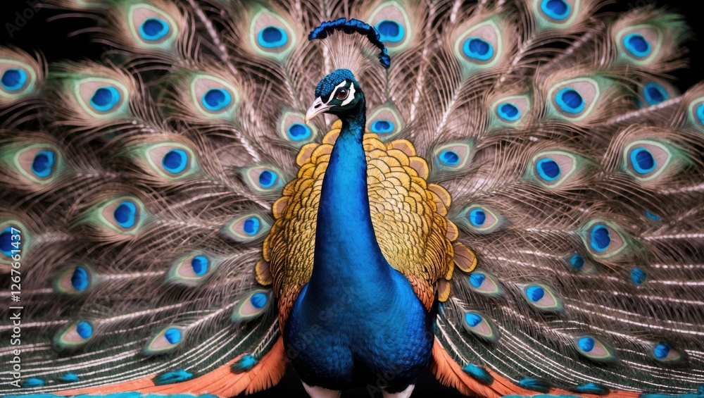Poster colorful peacock displaying its feathers with vibrant patterns and empty space for text overlay