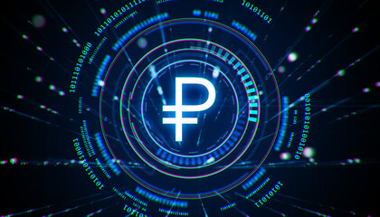 Glowing Russian ruble symbol with futuristic digital elements on a dark blue background. Financial technology and cryptocurrency concept. 3D Rendering