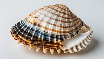 Obraz premium Detailed Closeup of a Marine Shell with Striking Patterns Isolated on White Background Ideal for Text Placement and Artistic Projects