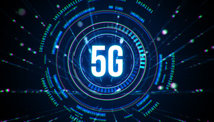 Futuristic 5G digital technology concept with glowing neon circular interface and binary code on dark cyberspace background. 3D Rendering