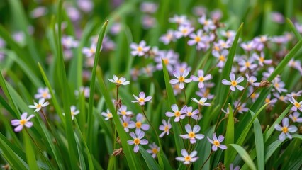 Obraz premium Soft petals of small flowers sway in the breeze among emerald green grass blades, garden, botanical
