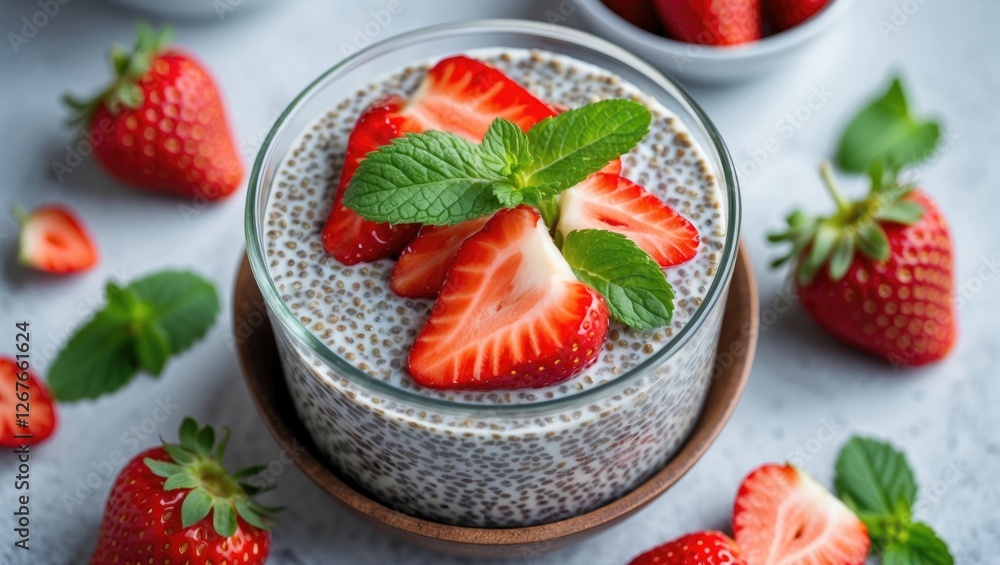 Poster chia pudding topped with fresh strawberries and mint on a light background with space for text or de