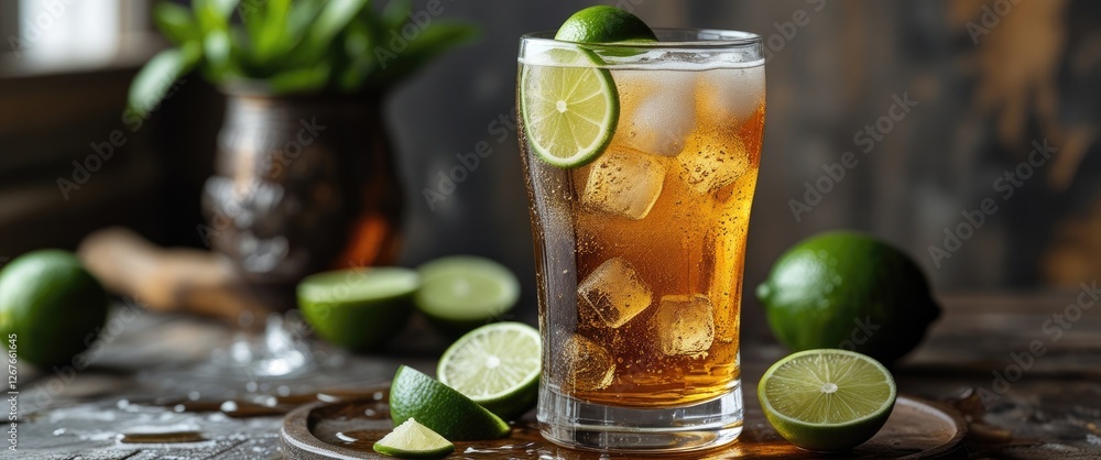 Poster refreshing amber carbonated beverage with lime and ice in a goblet surrounded by fresh lime slices o
