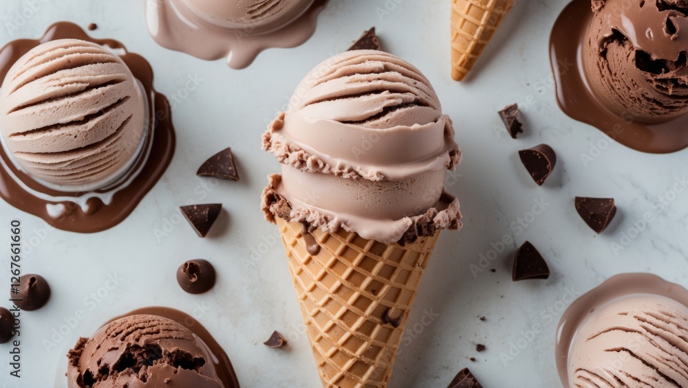 Poster delicious chocolate ice cream in waffle cone surrounded by scoops and chocolate chunks with space fo