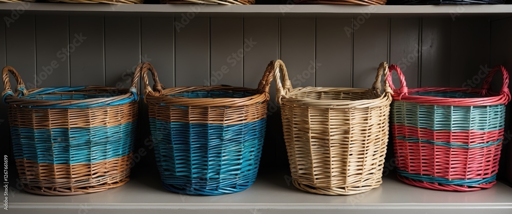 Poster vibrant colored wicker baskets arranged on a shelf with copy space for text in a rustic home decor s