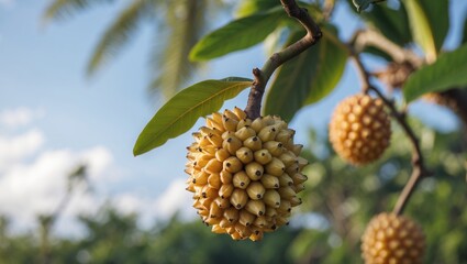 Ripe Noni Fruit Hanging from Tree Branch Against Clear Blue Sky in Tropical Environment