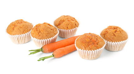 Tasty carrot muffins and fresh vegetables isolated on white
