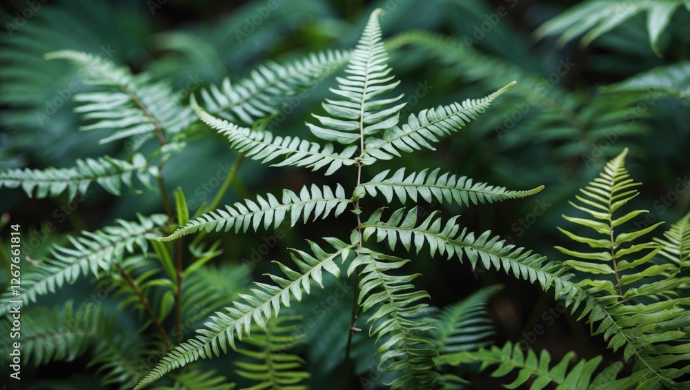 Poster close up view of vibrant green fern leaves in a lush garden setting with space for text overlay or b
