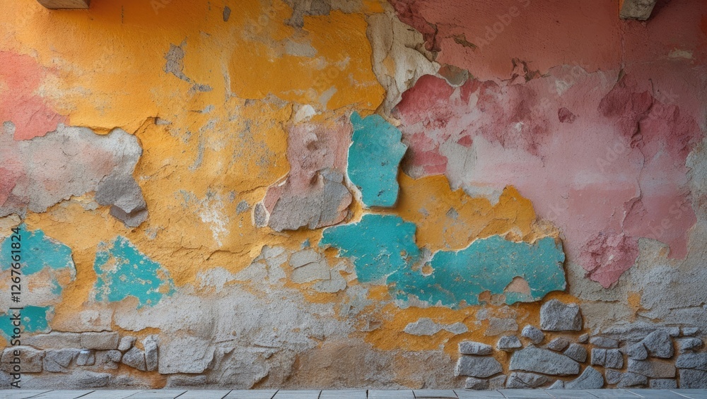 Aufkleber abstract grunge wall texture with vibrant colors and peeling paint creating an architectural backgro