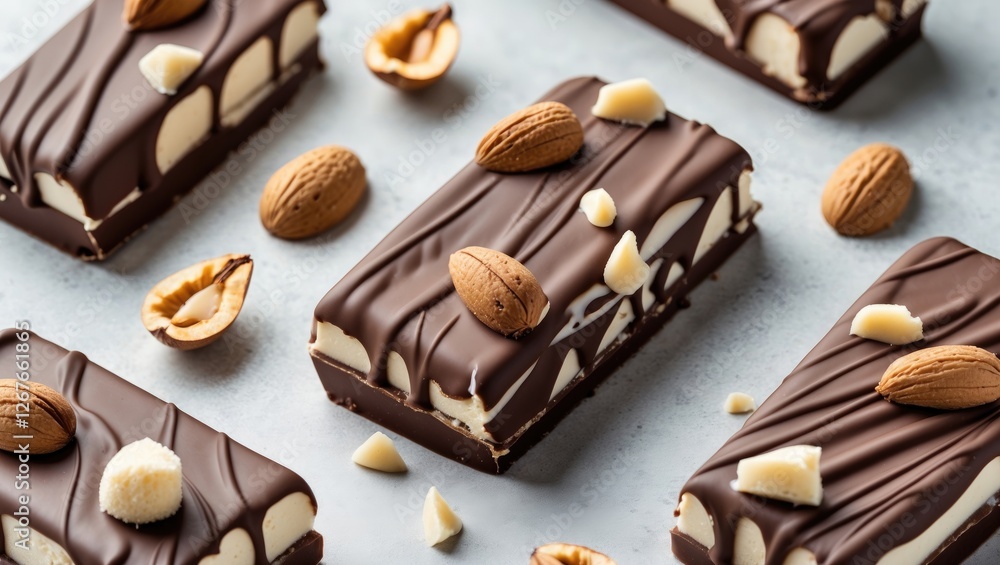 Poster chocolate covered ice cream bars decorated with nuts on light background with blank space for text a