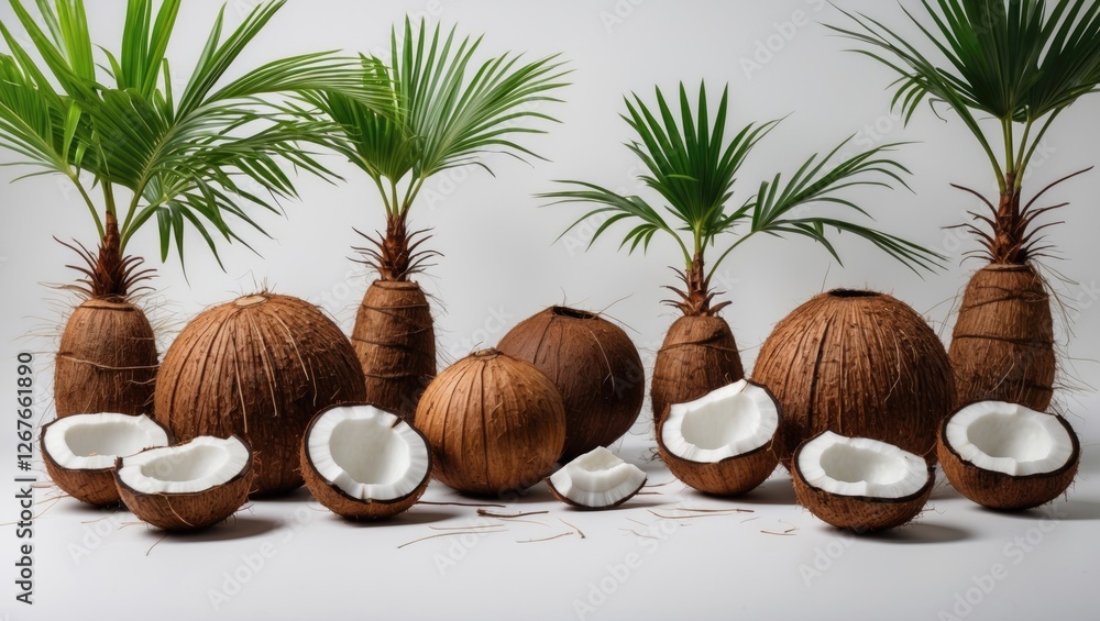 Poster exotic palm trees and whole coconuts with half shells on white background ideal for tropical themes 