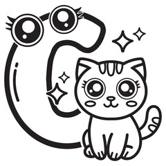 Learning card alphabet. Letter C. Cute cartoon illustrations. Coloring page