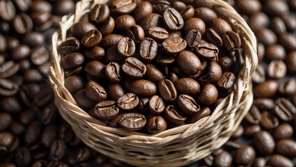 Freshly roasted coffee beans in a rustic basket surrounded by scattered beans showcasing rich texture and color for coffee lovers