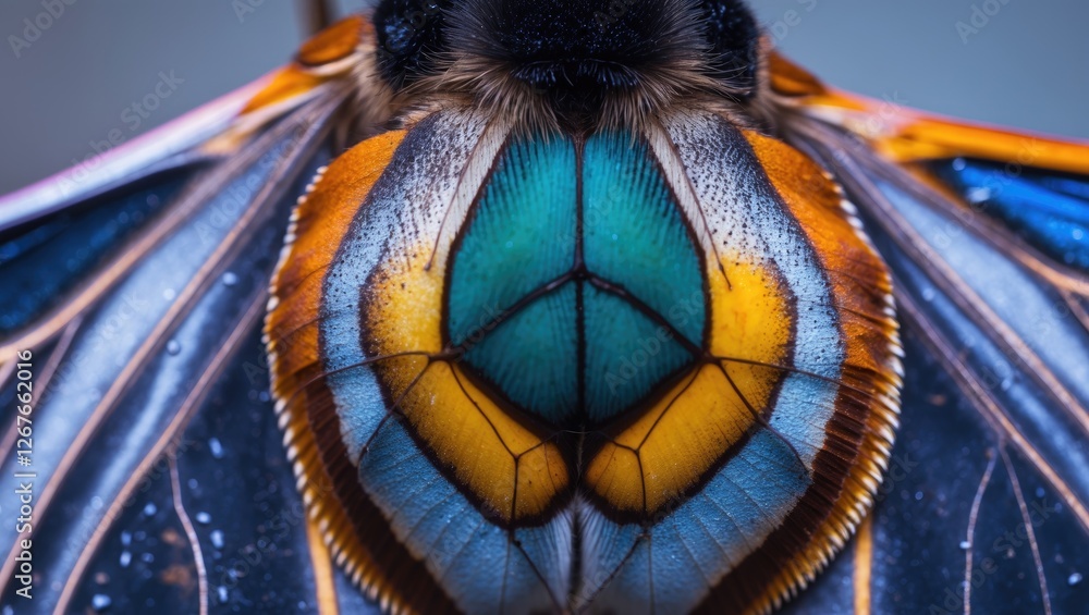 Poster detailed macro close-up of butterfly wing showing vibrant colors and patterns with blank space for t