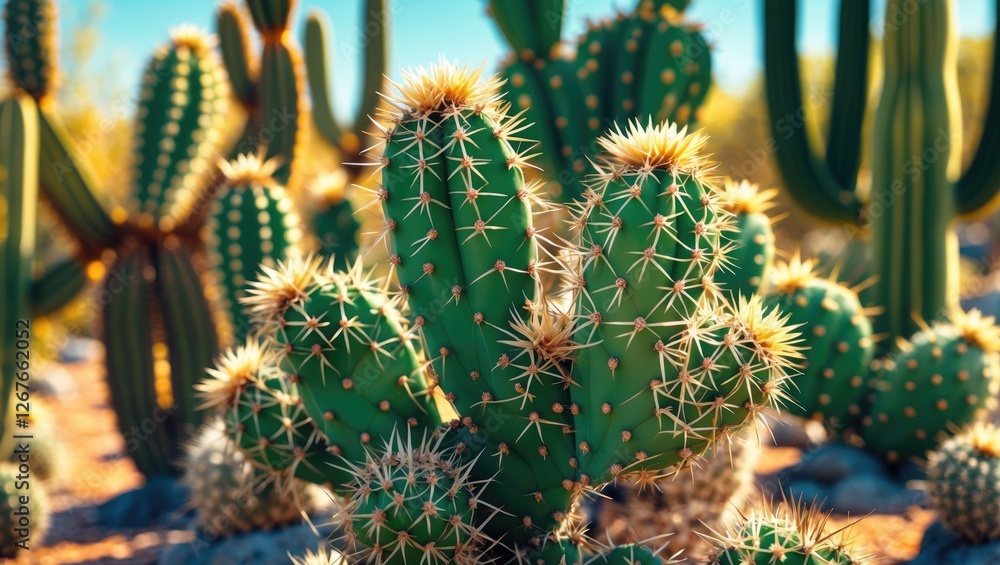 Poster vibrant cactus with spiky thorns against a blurred desert background featuring ample space for custo