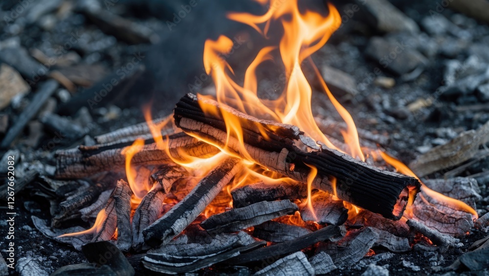 Poster close up of flames dancing on charred wood with ashes background ideal for text overlay or creative 
