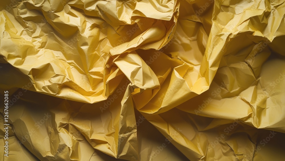 Poster textured crumpled yellow paper background for design and creative projects with a vintage or rustic 