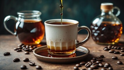 Cozy Coffee Scene with Vintage Mug and Syrup on Rustic Table Surrounded by Coffee Beans and Glass Containers
