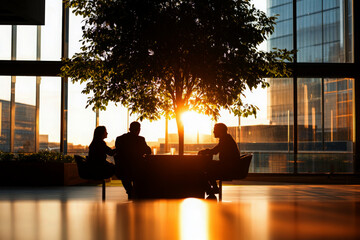 Business people meeting under tree inside modern office at sunset