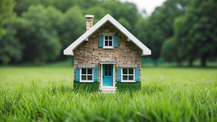 Miniature House Model on Lush Green Grass Representing Ideal Home Concept in Natural Setting