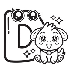 Learning card alphabet. Letter D. Cute cartoon illustrations. Coloring page