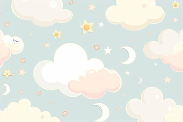 A cute, whimsical wallpaper featuring simple cartoon-style clouds, stars, and moons. The clouds are fluffy and rounded, with soft outlines in pastel shades of white and light gray