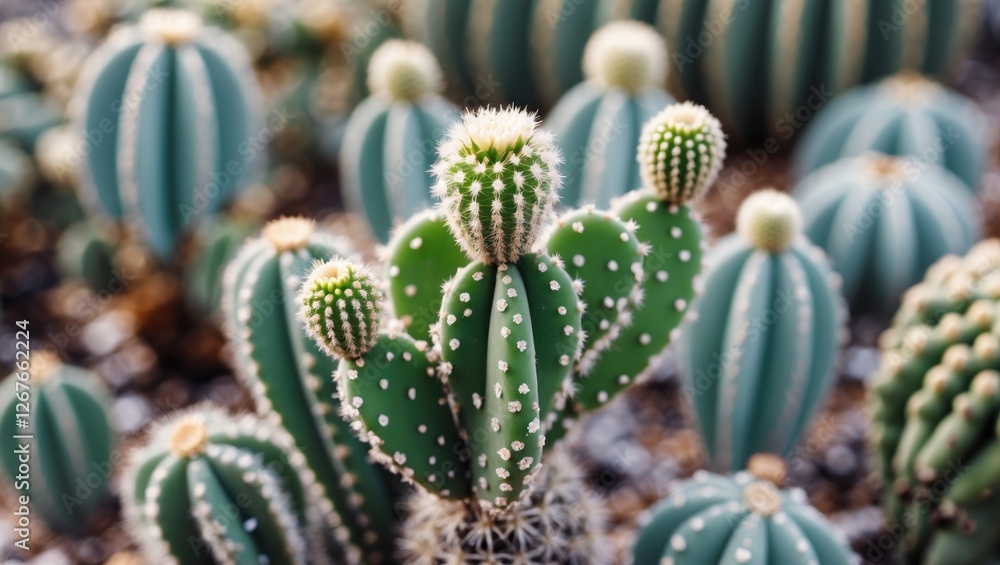 Poster mammillaria cactus cluster in macro focus with soft depth of field capturing intricate details of su