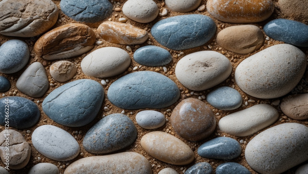 Poster textured assortment of smooth pebbles in various natural colors arranged on sandy surface creating a