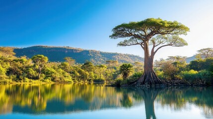 Fototapeta premium A majestic tree rises prominently from the water, showcasing its grandeur and resilience against the tranquil backdrop of nature.