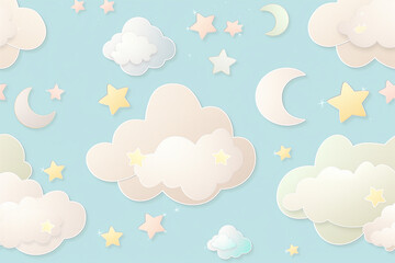 A cute, whimsical wallpaper featuring simple cartoon-style clouds, stars, and moons. The clouds are fluffy and rounded, with soft outlines in pastel shades of white and light gray