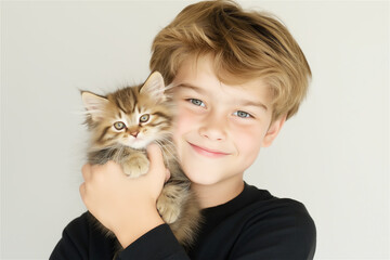 A smiling boy holds a kitten in his arms, exuding warmth and tenderness. The image shows the strong connection between children and their furry companions.