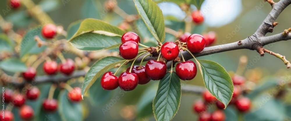 Poster close-up view of lush cherry branch with vibrant red berries surrounded by green leaves and space fo