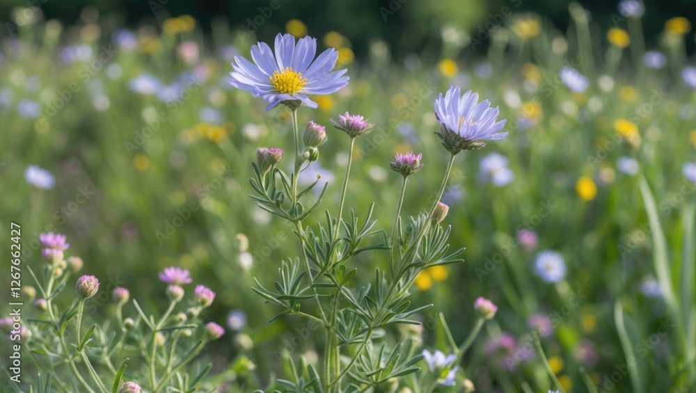 Poster wildflowers in a summer meadow featuring centaurea apiculata with soft bokeh background and ample co