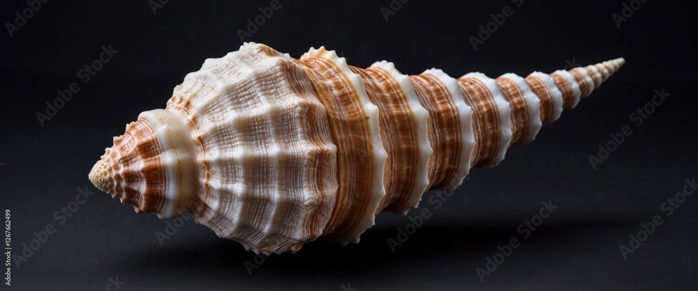 Poster conch shell displayed elegantly on a dark background showcasing intricate patterns and natural textu