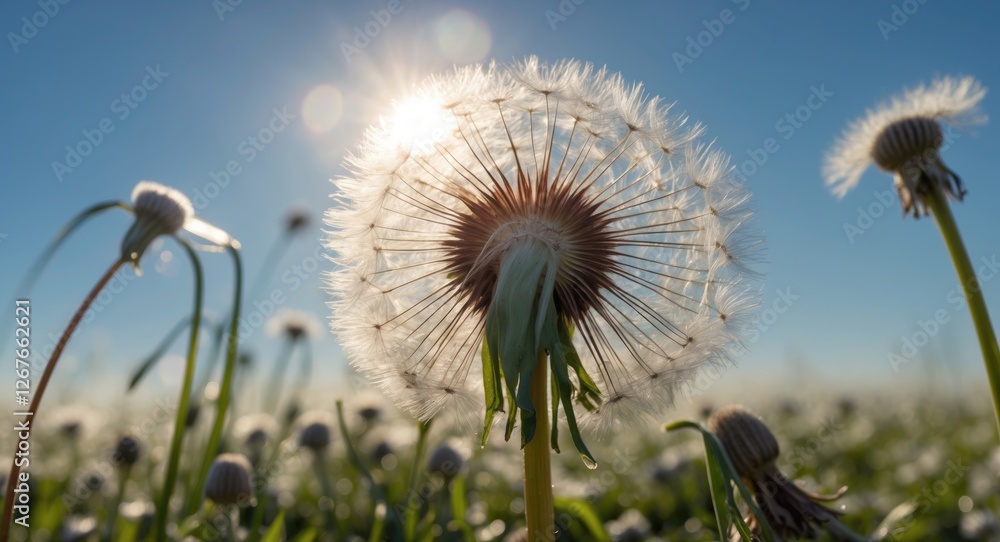 Poster dandelion flower glowing in sunlight with clear sky and space for text to enhance nature and spring 