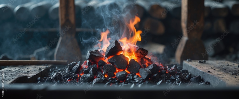 Poster glowing coals in a wood forge with soft focus background and empty space for text creation