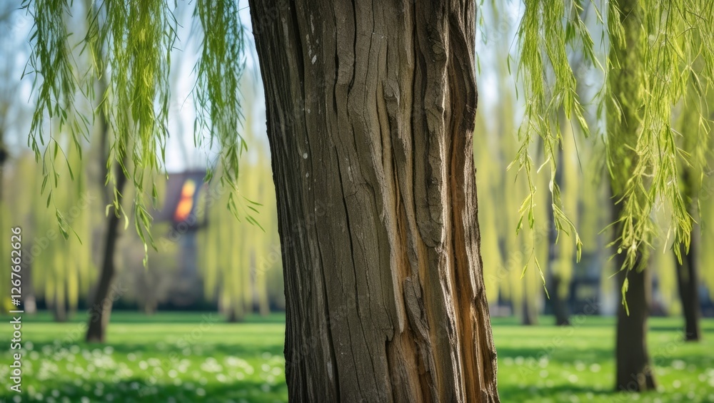 Poster close-up view of a willow tree trunk showcasing its textured bark and spring foliage in a serene bav