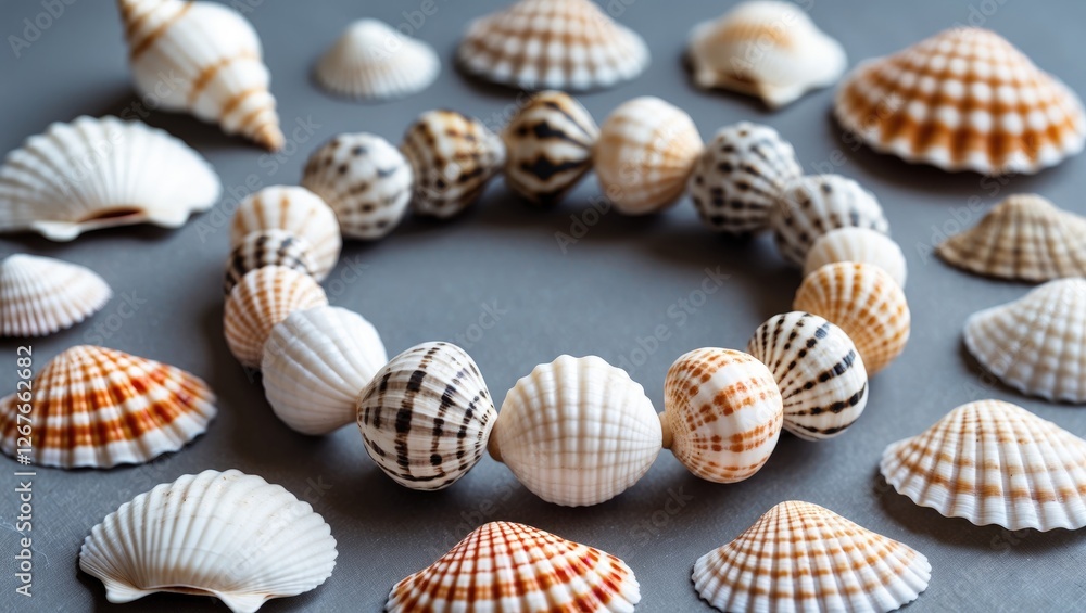 Poster artisan bracelet crafted from beautiful seashells surrounded by natural shells on gray background wi