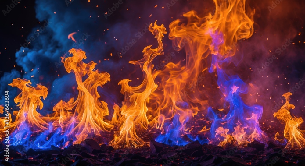 Poster vibrant abstract flames with blue and orange hues against a dark background creating a dynamic and e