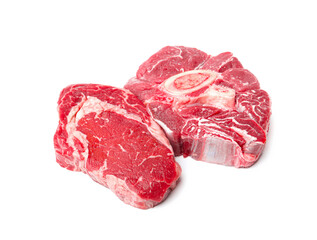 Pieces of raw beef meat isolated on white