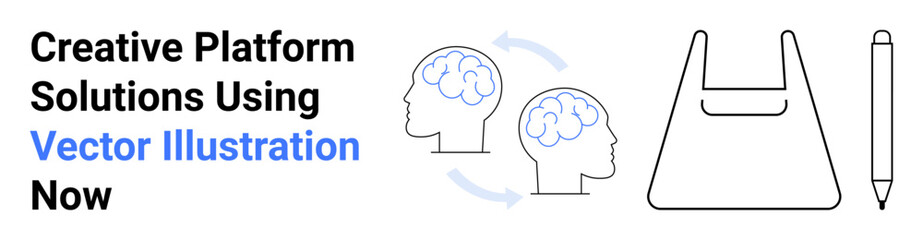 Two brains exchanging ideas with arrows, stylized bag, pen. Ideal for teamwork, brainstorming, creative workflow, design solutions, idea sharing, innovation processes flat landing page banner