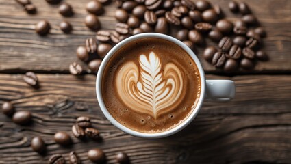 Fototapeta premium Close-up of cappuccino with latte art on a wooden surface surrounded by coffee beans showcasing rich textures and warm colors.