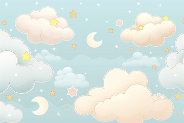 A cute, whimsical wallpaper featuring simple cartoon-style clouds, stars, and moons. The clouds are fluffy and rounded, with soft outlines in pastel shades of white and light gray